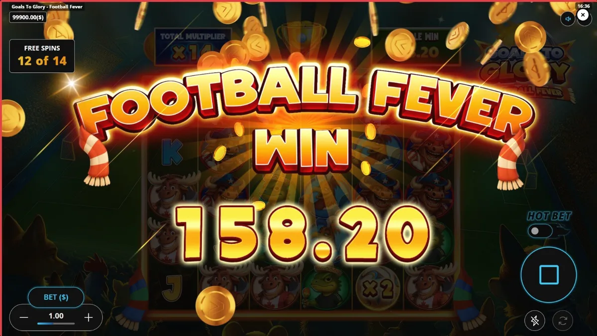 Interface do slot Goals to Glory Football Fever com animais jogadores de futebol